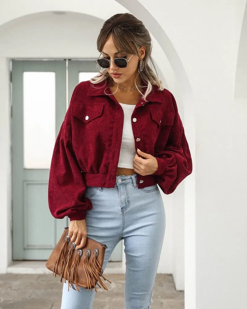 UrbanLuxe: Corduroy Lantern Sleeve Bomber Burgundy / XS Jacket