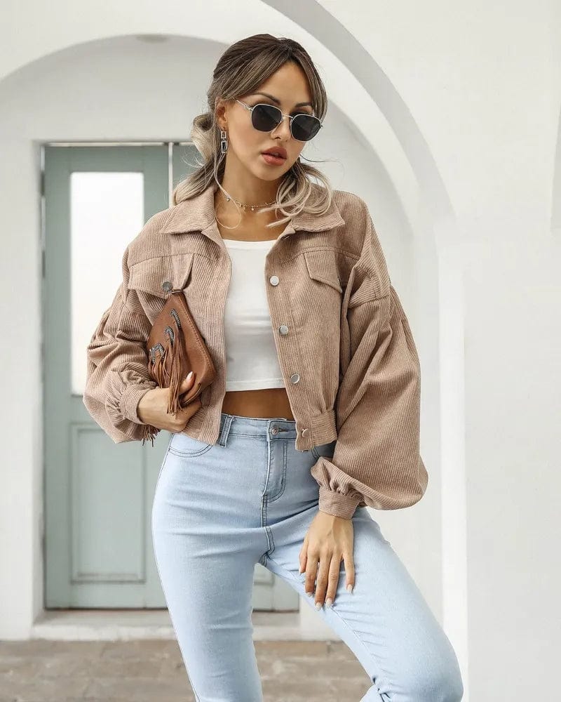 UrbanLuxe: Corduroy Lantern Sleeve Bomber Khaki / XS Jacket