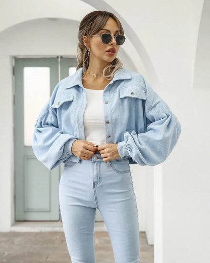 UrbanLuxe: Corduroy Lantern Sleeve Bomber Sky Blue / XS Jacket